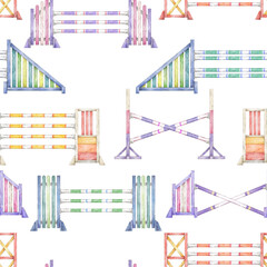 Seamless equestrian pattern with hand drawn watercolor wooden obstacles for horse jumping competition on white background © H_Anna