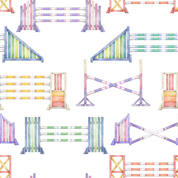 Seamless equestrian pattern with hand drawn watercolor wooden obstacles for horse jumping competition on white background