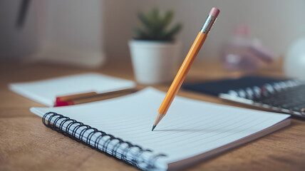 A pencil in a writing position on a notepad.