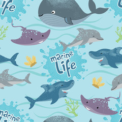 Seamless pattern vector illustration of sea life cartoon