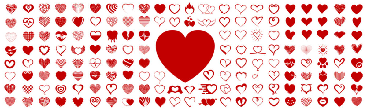 Set of hearts icon, heart drawn hand collection, line and solid hearts