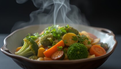 Steaming bowl of freshly cooked vegetables with citrus slices creating a warm and aromatic atmosphere perfect for healthy eating and culinary inspiration.