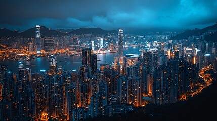 Fototapeta premium Night Hong Kong skyline, harbor, city lights, mountains, urban landscape, travel