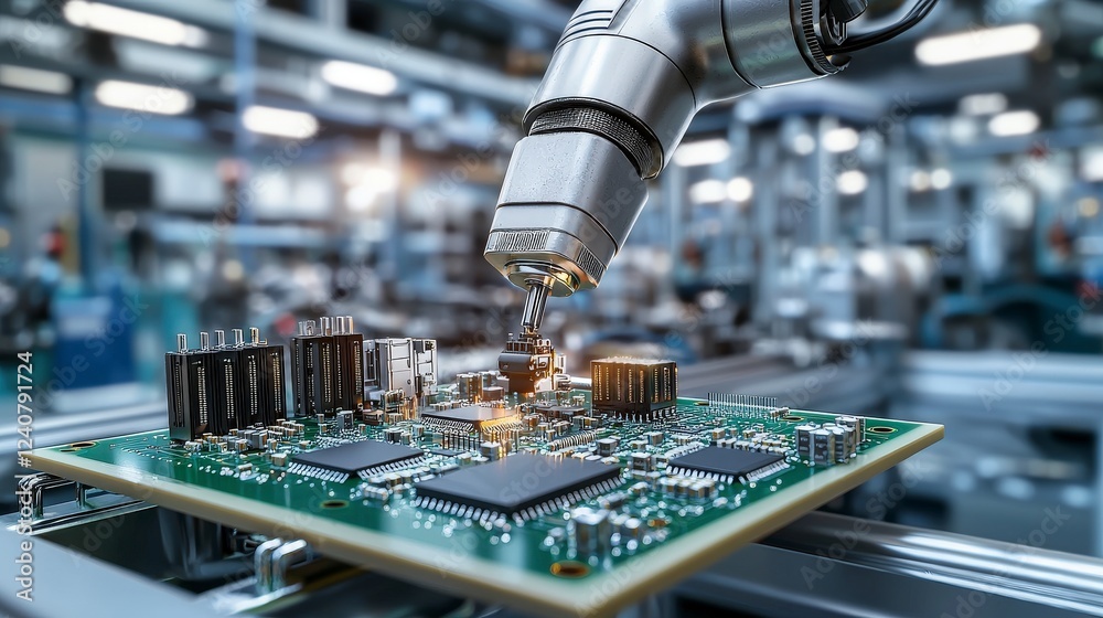 Fototapete robotic arm automates electronic assembly in high-tech facility close-up view of circuit board produ