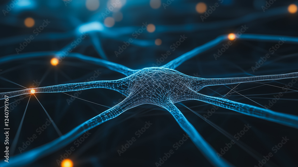 Poster neural network: a mesmerizing close-up of a neuron, the fundamental unit of the brain. the intricate
