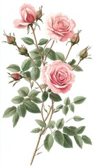 Fototapeta premium Beautiful Pink Roses with Buds and Green Leaves on Elegant Background