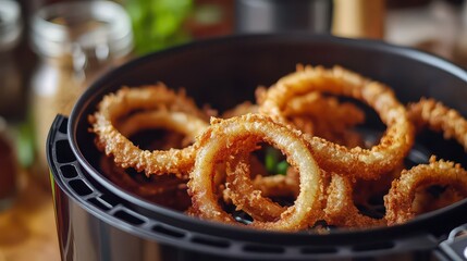 Crispy golden onion rings frying in an air fryer surrounded by fresh herbs and spices
