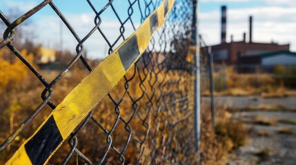 Fototapeta premium Yellow and black barricade tape flapping against a chain-link fence, marking the boundaries of an abandoned factory site, evoking a sense of isolation.