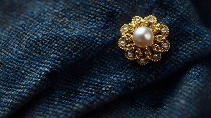 Elegant Golden Flower Brooch with Pearl on Blue Fabric Background