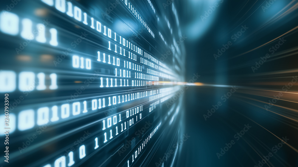 Poster digital stream: a dynamic abstract image depicting a futuristic tunnel of binary code, symbolizing t