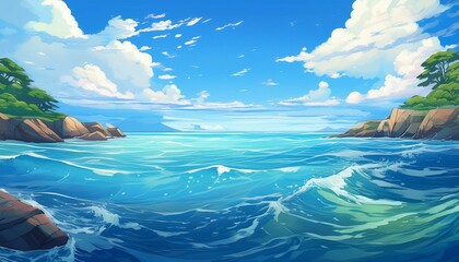 cartoon anime style ocean sea graphic resource illustration calm waters blue skies background generated ai