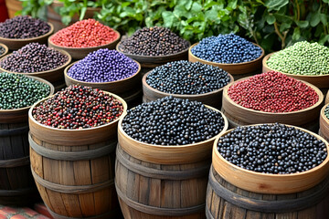 Fototapeta premium Colorful Peppercorns in Wooden Barrels, A Vibrant Spice Market Display
