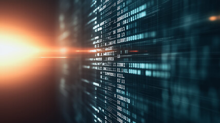 Digital Stream: A mesmerizing abstract close-up of binary code cascading across a dark, tech-inspired backdrop, bathed in a warm, ethereal glow. This image embodies the dynamic.