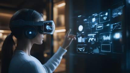 Woman Exploring Metaverse: A young woman wearing a VR headset interacts with a futuristic holographic interface, exploring data visualizations and navigating a virtual world.