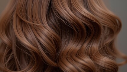 Fototapeta premium Close up of lustrous brown hair with soft waves and highlights showcasing natural beauty and texture. Perfect for fashion beauty and lifestyle content.