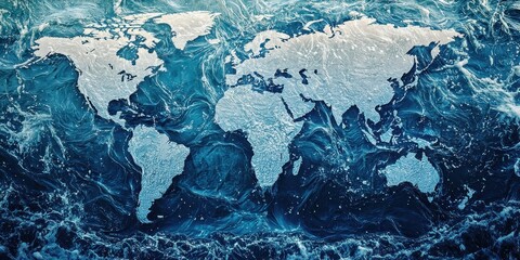 World water day with awareness and supply idea. World map overlaid on a vibrant ocean background.