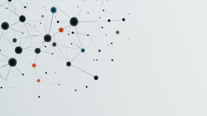 Abstract Network Connection: A minimalist design featuring a network of interconnected nodes in shades of black, blue, and orange against a subtle light gray background.