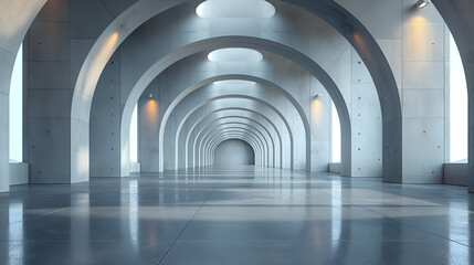 Obraz premium Concrete Archway Design Modern Interior Space, Grey Lines and Light Patterns.