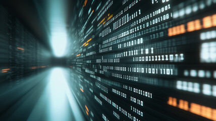 Digital River: A hypnotic flow of binary code streaks across the screen, symbolizing the boundless potential of the digital realm. The vibrant orange digits illuminate the darkness.