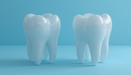 Two glossy white tooth models with detailed roots and crowns displayed on a blue background suitable for dental studies and presentations.