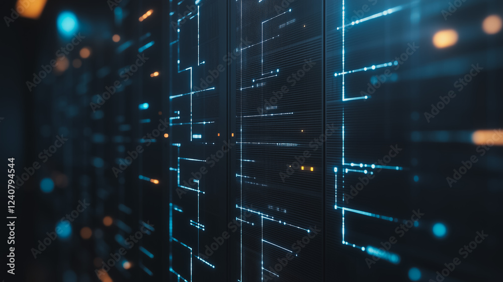 Poster abstract data stream: a mesmerizing abstract depiction of digital data flowing through a server rack