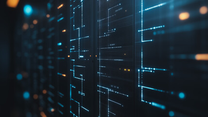 Abstract Data Stream: A mesmerizing abstract depiction of digital data flowing through a server rack,  highlighted by vibrant blue lines that evoke a sense of constant movement and connectivity.