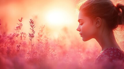 Fototapeta premium Woman meditating sunset field flowers peace