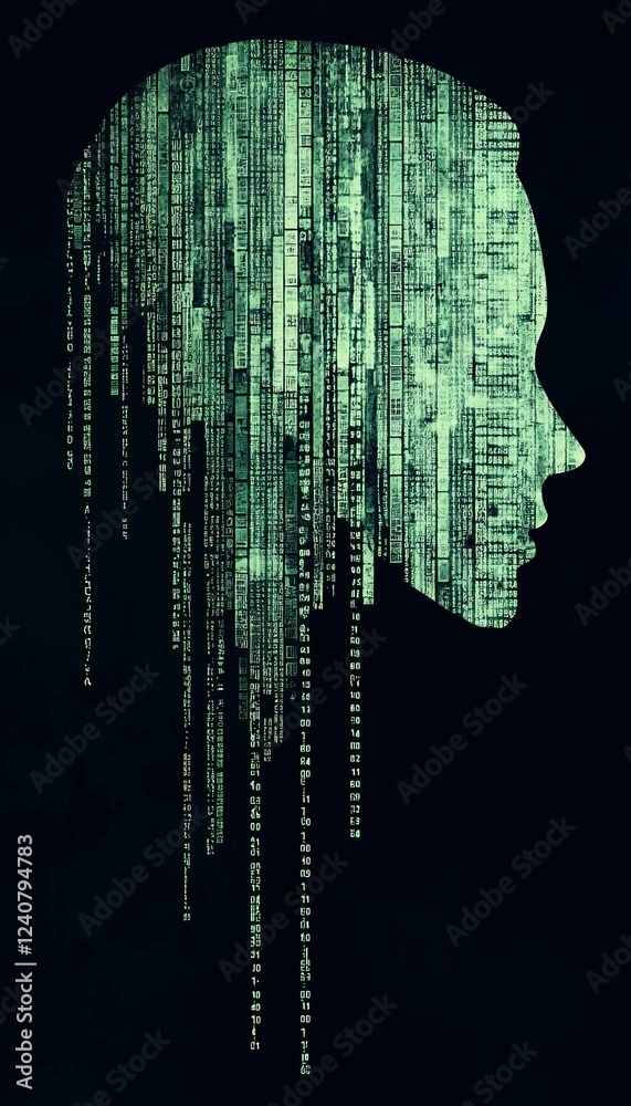 Poster abstract female profile with flowing green binary code on a motherboard circuitry pattern
