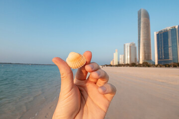 Hand holding a small seashell on the beach with the skyline of Abu Dhabi in the background, during a sunny day