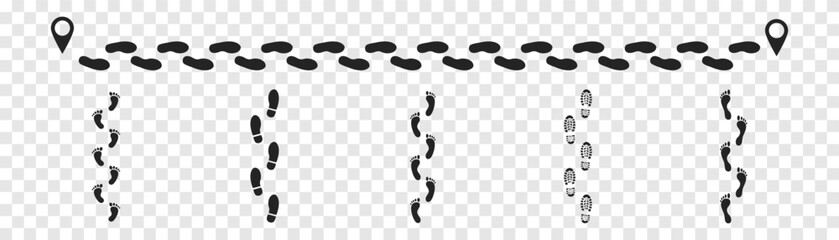 Step footprints paths. footstep prints and shoe steps . shoe tread footprints vector illustration isolated on white background.