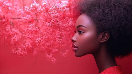 Woman, profile, blossoms, red, beauty, studio, spring, portrait, advertising, skincare