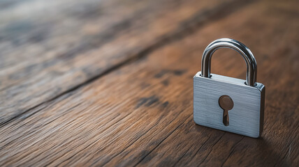 Metal Padlock on Wood: A solitary metal padlock rests on a rustic wooden surface, symbolizing security, privacy, and protection. Its shiny surface reflects the soft light, adding a touch of elegance.