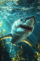 Fototapeta premium Great White Shark Underwater Kelp Forest Scene