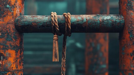 Rusty Metal Rail with Beige Rope and Tassel