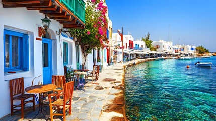 Fototapeta premium Greek island waterfront cafe, sunny day, turquoise sea, travel