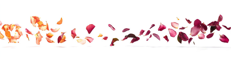 Fototapeta premium Two separate images of rose petals falling on a white background, with a pink and red color palette, isolated on the left side, in a clip art style, high resolution, no shadow, and sharp focus. 