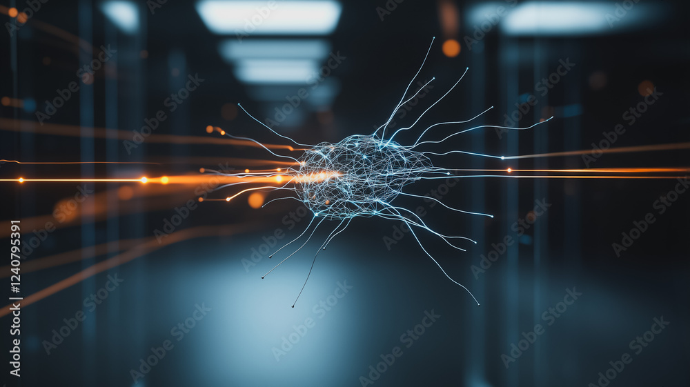 Poster digital neural network: an intricate, wireframe rendering of a neural network, illuminated by vibran