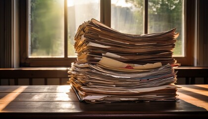 a large stack of old aged papers sits on a wooden table near a window illustrates concepts of history archiving or overwhelming paperwork