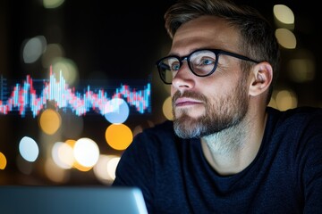A focused man analyzes data on his laptop at night, surrounded by city lights, with a vibrant graph overlay indicating financial trends.