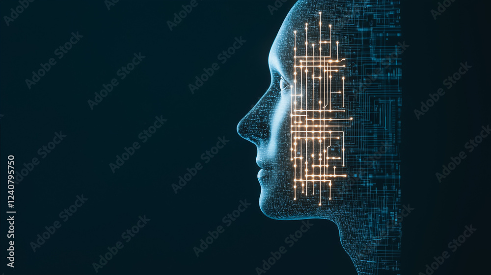 Poster digital consciousness: a profile view of an ai face, its features merging with intricate circuit boa