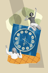 Vertical sketch 3d artwork collage poster of two excited old young girls stand watch limit...