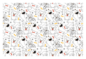 Seamless pattern with funny french bulldog puppy - characters with happy faces. Vector pattern for fabric, cover, wrapping paper.