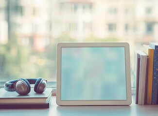 Close-up of a blank tablet screen on a table in a modern office with a window, books, and earphones next to it. 