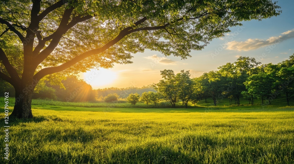 Poster sunrise casting golden light over a serene grassy field surrounded by trees in a tranquil landscape.