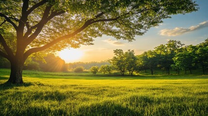 Obraz premium Sunrise casting golden light over a serene grassy field surrounded by trees in a tranquil landscape. Generative AI