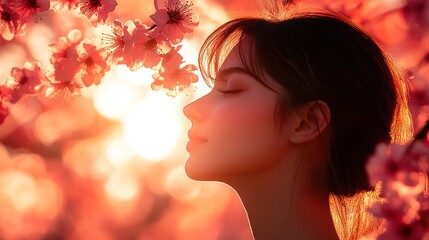 Fototapeta premium Woman serenity, sunset, blossom, peace, spring, garden, beauty, skincare, profile, nature