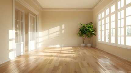 Fototapeta premium Bright and airy interior of a spacious room with wooden flooring and large windows