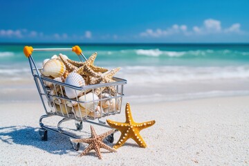Experience Summer Serenity a beach scene with a shopping cart filled with seashells. Enjoy sunbathing, swimming, picnicking, and exploring marine wonders. A perfect tropical vacation for all