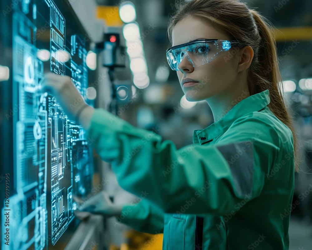 Poster female engineer working with iiot technology in a smart factory