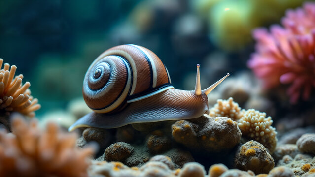 Zebra Nerite Snail Gliding Through a Vibrant Aquarium Landscape